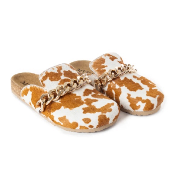 Myra Bag Shoes - New Womens Cow Print Slip-On open heel Shoes with Chain Detail sz 7 8